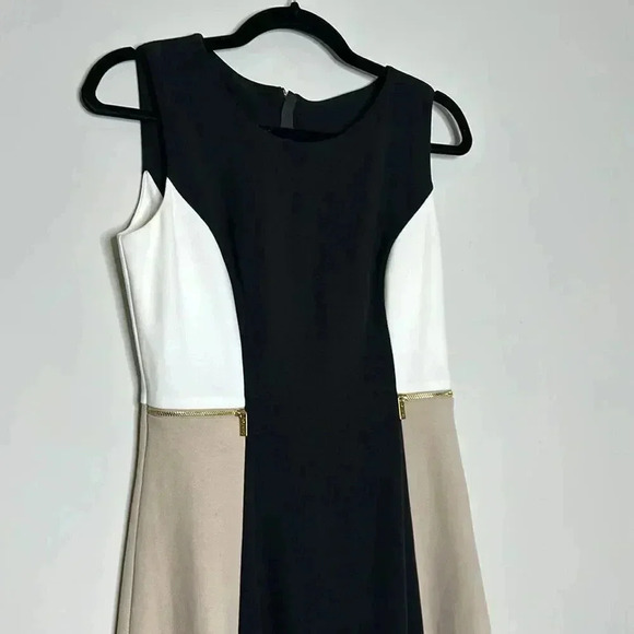Color Block Dress Tan Black and White 
17 Pit to Pit
14’ Waist 
About 38 length - Picture 5 of 9